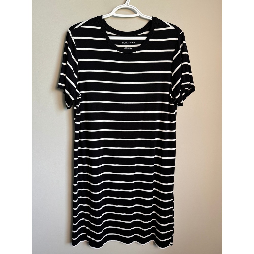 BCBGeneration Striped T-Shirt Dress Women Large Black White Casual Minimalist